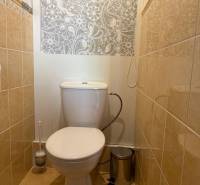 3-izbový byt prerobený na 4-izbový – Ku Bratke, Levice  - Toaleta s ozdobnou tapetou a dlažbou v 3-izbovom byte.