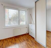 3-izbový byt prerobený na 4-izbový – Ku Bratke, Levice  - Miestnosť v 3-izbovom byte s podlahou s dreveným dekorom a vstavanou skriňou.