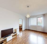 3-izbový byt prerobený na 4-izbový – Ku Bratke, Levice  - Obývacia izba v 3-izbovom byte s podlahou s dreveným dekorom, vybavená televízorom.