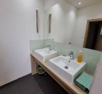 Prenajmeme kancelársky priestor, 40 m2, Levická ul., Vráble - Dvojité umývadlo v kúpeľni kancelárií s bielymi stenami a veľkým zrkadlom.