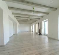 Prenajmeme kancelársky priestor, 40 m2, Levická ul., Vráble - Svetlé kancelárie s podlahou s dreveným dekorom a veľkými oknami.