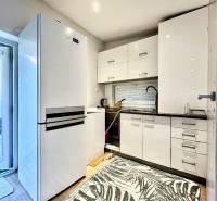 RADO I NA PRENAJOM I ZARIADENY 1-IZBOVY DOM I BA-PRIEVOZ - Kuchyňa v rodinnom dome s bielymi skrinkami, veľkou chladničkou a kobercom s listovým vzorom.