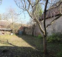 Menší rodinný dom len pár metrov od centra mesta Rajec - Záhrada rodinného domu na Kostolnej ulici v Rajci so stromami a trávnikom.