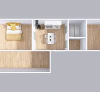 Menší rodinný dom len pár metrov od centra mesta Rajec - Pôdorys rodinného domu s podlahou s dreveným dekorom, kuchyňou a spálňou.