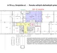 STROJNÍCKA: VOĽNÉ OBCHODNÉ priestory 48 m2 - PRÍZEMIE   - Pôdorys obchodných priestorov v Prešove na Strojníckej ulici, rôzne výmery miestností.