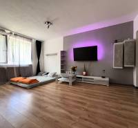 PREDAJ-  2 izbový byt neďaleko Nitry v obci Jarok - Obývačka v 2-izbovom byte s posteľou na zemi, drevenou podlahou a televízorom na stene.