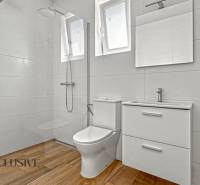 IDEÁLNY 1 IZBOVÝ BYT | VEĽKÉ RIPŇANY | TOPOĽČANY - Kúpeľňa s podlahou s dreveným dekorom v 1-izbovom byte.