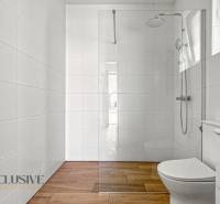 IDEÁLNY 1 IZBOVÝ BYT | VEĽKÉ RIPŇANY | TOPOĽČANY - Kúpeľňa v 1-izbovom byte s elegantnou podlahou s dreveným dekorom a sklenenou sprchovou stenou.