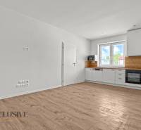 IDEÁLNY 1 IZBOVÝ BYT | VEĽKÉ RIPŇANY | TOPOĽČANY - Interiér 1-izbového bytu s kuchyňou, bielymi skrinkami a podlahou s dreveným dekorom.