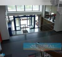 PRENÁJOM KANCELÁRSKÝCH PRIESTOROV NA RAČIANSKEJ ULICI - Vstupné schodisko so sklenými dverami, vedúcimi na ulici Račianska, za ktorými parkuje auto.