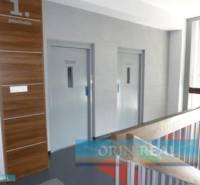 PRENÁJOM KANCELÁRSKÝCH PRIESTOROV NA RAČIANSKEJ ULICI - Priestor na prvom poschodí s dvomi šedými dverami a hnedým obložením.