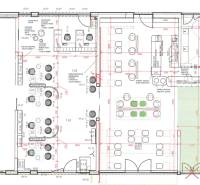 PRENÁJOM NEB.PRIESTORU V POLYFUNKČNOM DOME V CENTRE PEZINKA - Pôdorys obchodného priestoru na ulici Moyzesova s rozmiestnením stolov a zariadení.