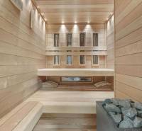 PREDAJ 8 IZB.REKREAČNEJ CHATY - VILY V MODRE HARMÓNII - Interiér drevenej sauny s lavicami, osvetlením a kachľami na relax v Chate.