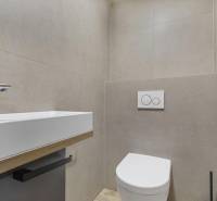 PREDAJ 8 IZB.REKREAČNEJ CHATY - VILY V MODRE HARMÓNII - Minimalistická kúpeľňa, biele umývadlo a toaleta, jednoduchý dizajn. Vhodné pre domácnosť.