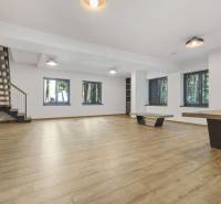 PREDAJ 8 IZB.REKREAČNEJ CHATY - VILY V MODRE HARMÓNII - Obývacia izba s drevenou podlahou, krbom, schodiskom a veľkými oknami na ulici Piesok.