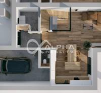 Exkluzívne na predaj, rodinný dom, obec Harichovce, okres Spišská Nová - Pôdorys rodinného domu s parkovacím miestom a podlahou s dreveným dekorom.