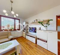 EXKLUZÍVNE 3i byt s loggiou, Spišské Podhradie - Obývacia izba v 3-izbovom byte s podlahou s dreveným dekorom a vstavanou kuchynskou linkou.