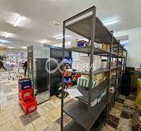 Budova s pozemkom, obec Helcmanovce, okres Gelnica - Predajňa s regálmi a tovarom, podlaha s dreveným dekorom, interiér budovy.