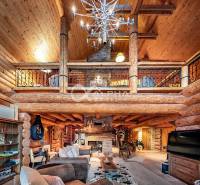 Zrubový rodinný dom, Veľká Lomnica - Obývacia izba v rodinnom dome s drevenými povrchmi, krbom a výrazným lustrom.