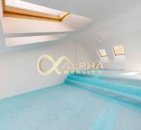 Exkluzívne 3i podkrovný byt s balkónom, 133m2, Zimná ul., Sp. Nová Ves - Podkrovná miestnosť s drevenými oknami a modrou podložkou v 3-izbovom byte.