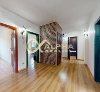 Prenájom: 4 izbový byt s loggiou, sídlisko Mier, Sp.N.Ves - Interiér 4-izbového bytu s podlahou s dreveným dekorom a tehlovým obkladom.