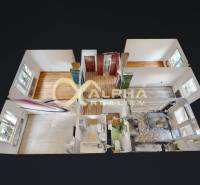 Prenájom: 4 izbový byt s loggiou, sídlisko Mier, Sp.N.Ves - 3D pohľad na dispozičné riešenie 4-izbového bytu s podlahou s dreveným dekorom.