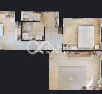 Prenájom 2 izbový byt, J. Wolkera, Spišská Nová Ves - Pôdorys 2-izbového bytu s podlahou s dreveným dekorom a kuchyňou.