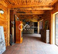 Exkluzívne: Rodinný dom, centrum, Spišská Nová Ves - Interiér rodinného domu s dreveným dekorom a dekoratívnym krbom, obrazy a socha mačky.