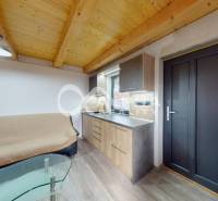 Exkluzívne záhradná chata, sídlisko Tarča, Spišská Nová Ves - Interiér chaty s dreveným stropom, pohovkou a kuchynskou linkou s moderným dekorom.