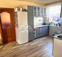 EXKLUZÍVNE Rodinný dom, širšie centrum, Spišská Nová Ves - Kuchyňa v rodinnom dome s bielymi spotrebičmi, kvetmi na parapete a podlahou s dreveným dekorom.