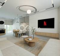 EXKLUZÍVNE novostavby bytov s terasou, parkovaním, Novoveská Huta, okr - Obývacia izba s kuchyňou v 3-izbovom byte so svetlým nábytkom a podlahou s dreveným dekorom.