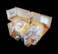 Exkluzívne 2i byt, centrum, Spišská Nová Ves - 3D pôdorys 2-izbového bytu s podlahou s dreveným dekorom a kuchynským kútom.