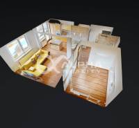 EXKLUZÍVNE 2i byt s loggiou, sídl. Mier, Spišská Nová Ves - 3D pohľad na 2-izbový byt s podlahou s dreveným dekorom a žltou sedačkou.