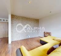 EXKLUZÍVNE 2i byt s loggiou, sídl. Mier, Spišská Nová Ves - Obývacia izba v 2-izbovom byte s tehlovou stenou a podlahou s dreveným dekorom.