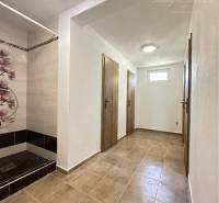 Vám ponúka na predaj rodinný dom v Komárne, ča - Chodba rodinného domu s dlažbou a sprchou s kvetinovým vzorom na stene.