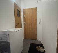 Vám ponúka 1 izbový byt vo VYHĽADÁVANEJ lokali - Vstupná chodba v 1-izbovom byte s práčkou a obuvou na tmavej dlažbe.