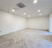 Vám ponúka  na predaj budovu na BÝVANIE aj PODN - Prázdna miestnosť, biele steny, šikmá podlaha, osvetlená, klimatizácia, interiér budovy.