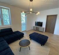 Vám ponúka na Prenájom 2-izbový byt s loggiou  - Štýlová obývacia izba s tmavým gaučom, podlahou s dreveným dekorom a oknami.