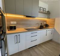 Vám ponúka na Prenájom 2-izbový byt s loggiou  - Kuchyňa v 2-izbovom byte s podlahou s dreveným dekorom a svetlým osvetlením.