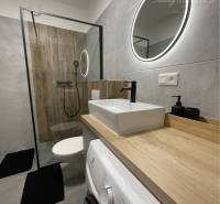 Vám ponúka na Prenájom 2-izbový byt s loggiou  - Kúpeľňa v 2-izbovom byte s práčkou, sprchovým kútom a podlahou s dreveným dekorom.