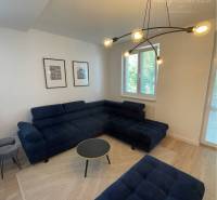 Vám ponúka na Prenájom 2-izbový byt s loggiou  - Obývacia izba s tmavomodrými sedačkami a podlahou s dreveným dekorom v 2-izbovom byte.