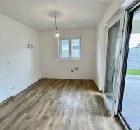 Vám ponúka modernú 4-izbovú novostavbu v Dunajs - Interiér rodinného domu s podlahou s dreveným dekorom a výhľadom na záhradu.