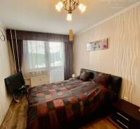 Vám ponúka 3-izbový byt s loggiou po kompletnej - Spálňa v 3-izbovom byte s podlahou s dreveným dekorom, posteľou a televízorom.