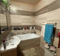 Vám ponúka 3-izbový byt s loggiou po kompletnej - Kúpeľňa v 3-izbovom byte s vaňou a podlahou s dreveným dekorom, obklopená doplnkami.