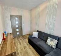 Vám ponúka 3-izbový byt s loggiou po kompletnej - Izba v 3-izbovom byte s podlahou s dreveným dekorom a sivou sedačkou.