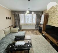 Vám ponúka 3-izbový byt s loggiou po kompletnej - Obývacia izba v 3-izbovom byte so sedačkou, televízorom, podlahou s dreveným dekorom.