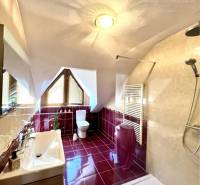 Ponúka na PREDAJ zrekonštruovaný 5 izbový podpi - Kúpeľňa s červenými kachličkami a sprchovým kútom v rodinnom dome.