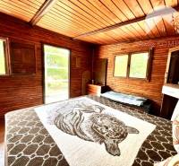 Ponúka na PREDAJ viničný domček s priestranným  - Izba v chate s drevenými stenami a posteľou, svetlo vstupuje cez okná.