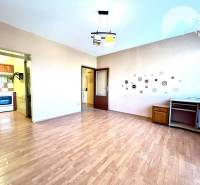 Ponúka na PREDAJ 1 izbový byt v Komárne - Izba s podlahou s dreveným dekorom, kuchyňou a jednoduchým nábytkom v 1-izbovom byte.