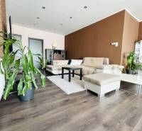 Vám ponuka na predaj útulný 3-izbový rodinný d - Obývacia izba v rodinnom dome s podlahou s dreveným dekorom a zelenými rastlinami.